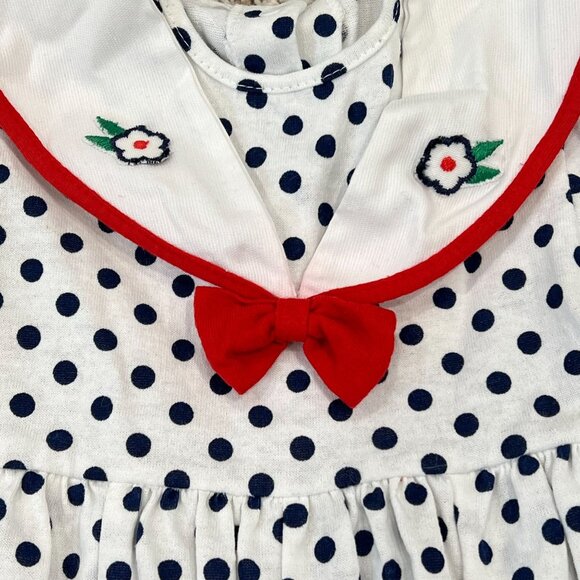 Vintage Baby Girl Polka Dot Bubble Romper Sailor Collar Red Bow Floral Embroider - Picture 5 of 5